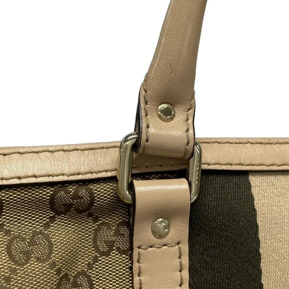 Auth GUCCI GG 247205 Dark Brown Beige Jacquard Leather Handbag - Picture 12 of 16